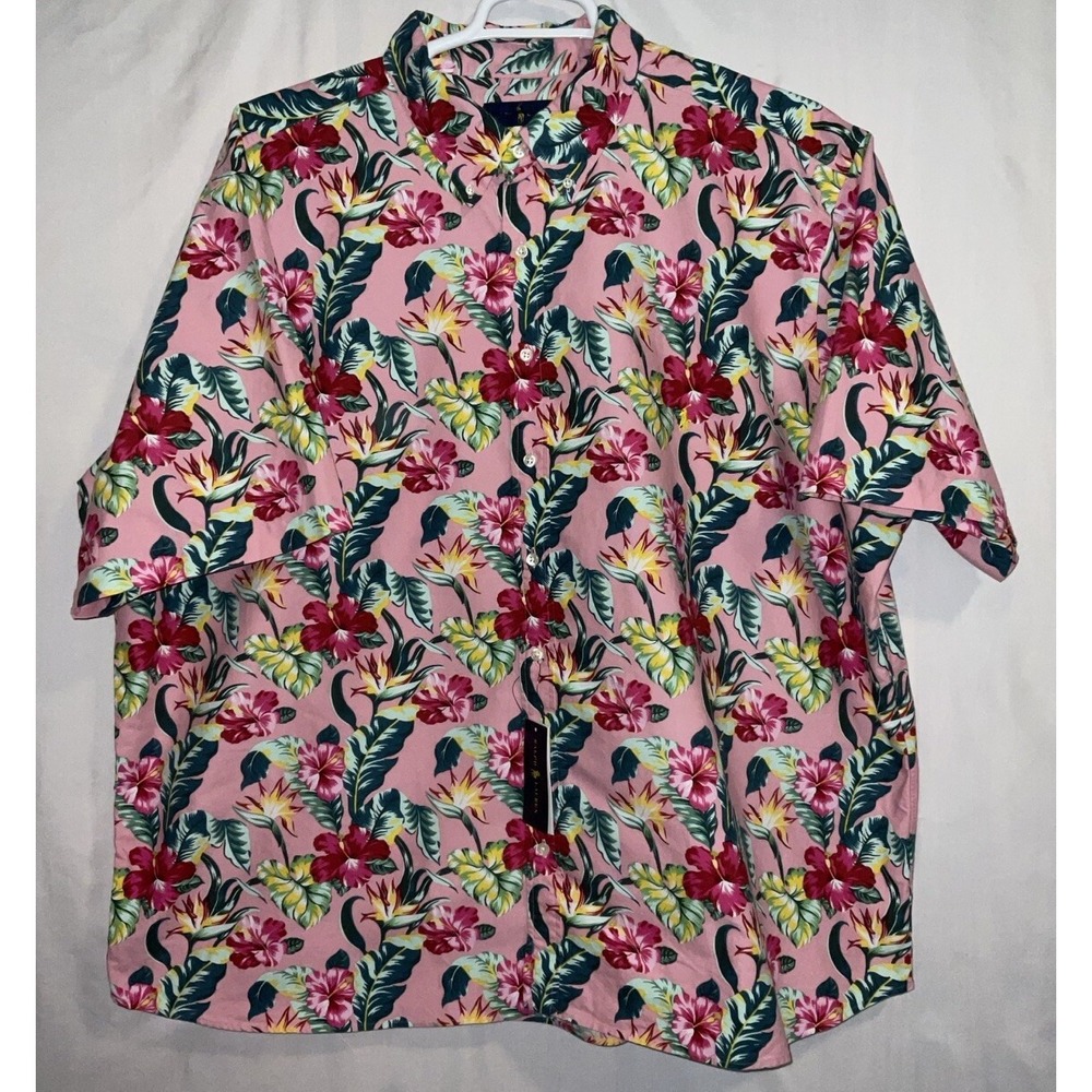 NWT Men's Ralph Lauren Short Sleeve Button Front Pink Hibiscus Flower Shirt 3XB